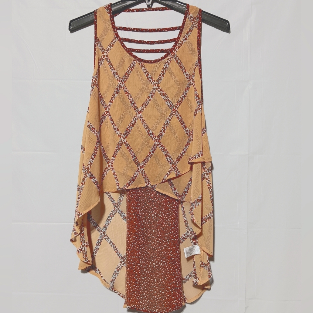Ya Los Angeles EUC Women's Sheer Hi Lo Tank Blouse, Small, Tan & Animal Print